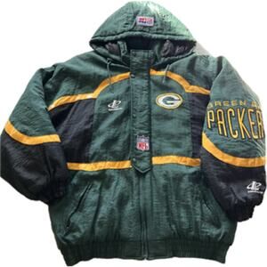 VTG Green Bay Packers Mens L NFL Pro Line Logo Athletic Hooded Puffer Jacket